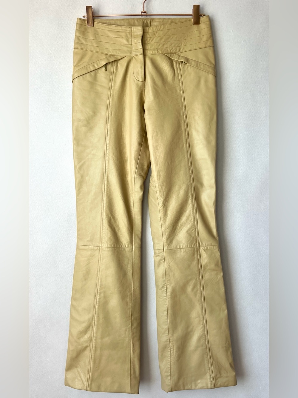 Vintage Caché 100% Lambskin Leather Pants Beige Tan Flare Bootcut Size 2 Y2K